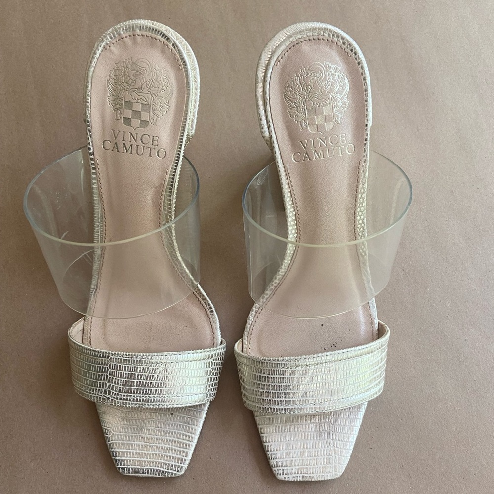 Vince Camuto Felima Two-Strap Sandal. Pale gold and clear block heels.
